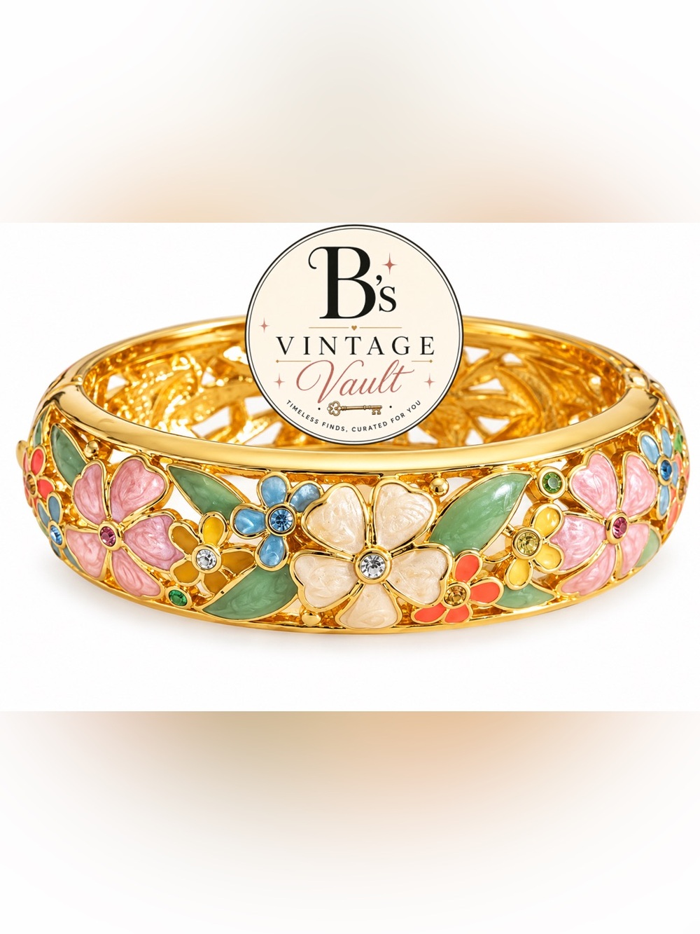 Joan Rivers Gold Floral Enamel Hinged Bracelet with Pastel Accents